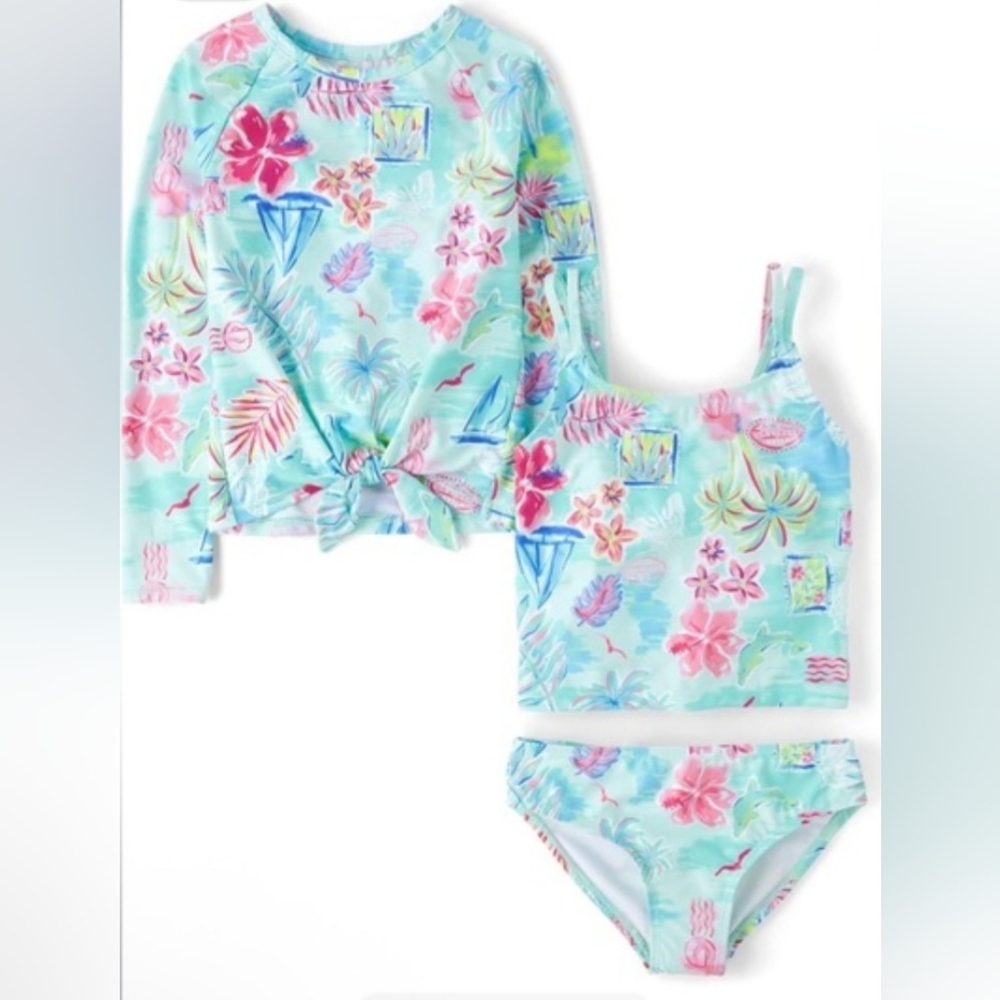 The Childrens Place Foral Kids Swim 3pc Set Size 10/12  NWT